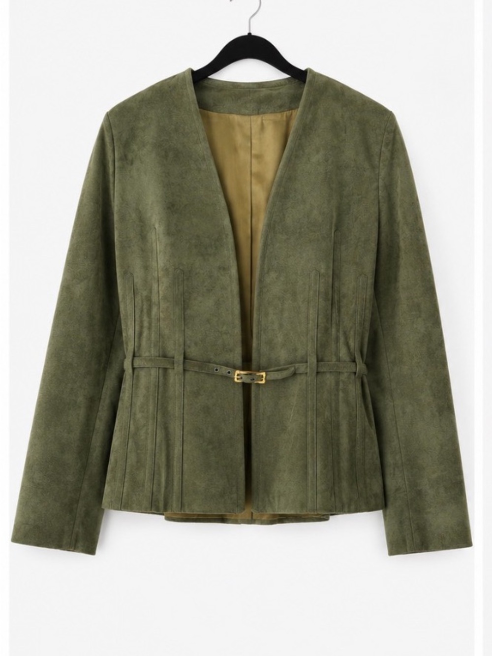 Faux Suede Vintage Belted Jacket in Olive Green